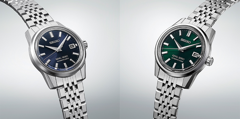 Novos relógios mecânicos King Seiko com 39 mm de caixa com mostrador azul (SPB371) e verde (SPB373).