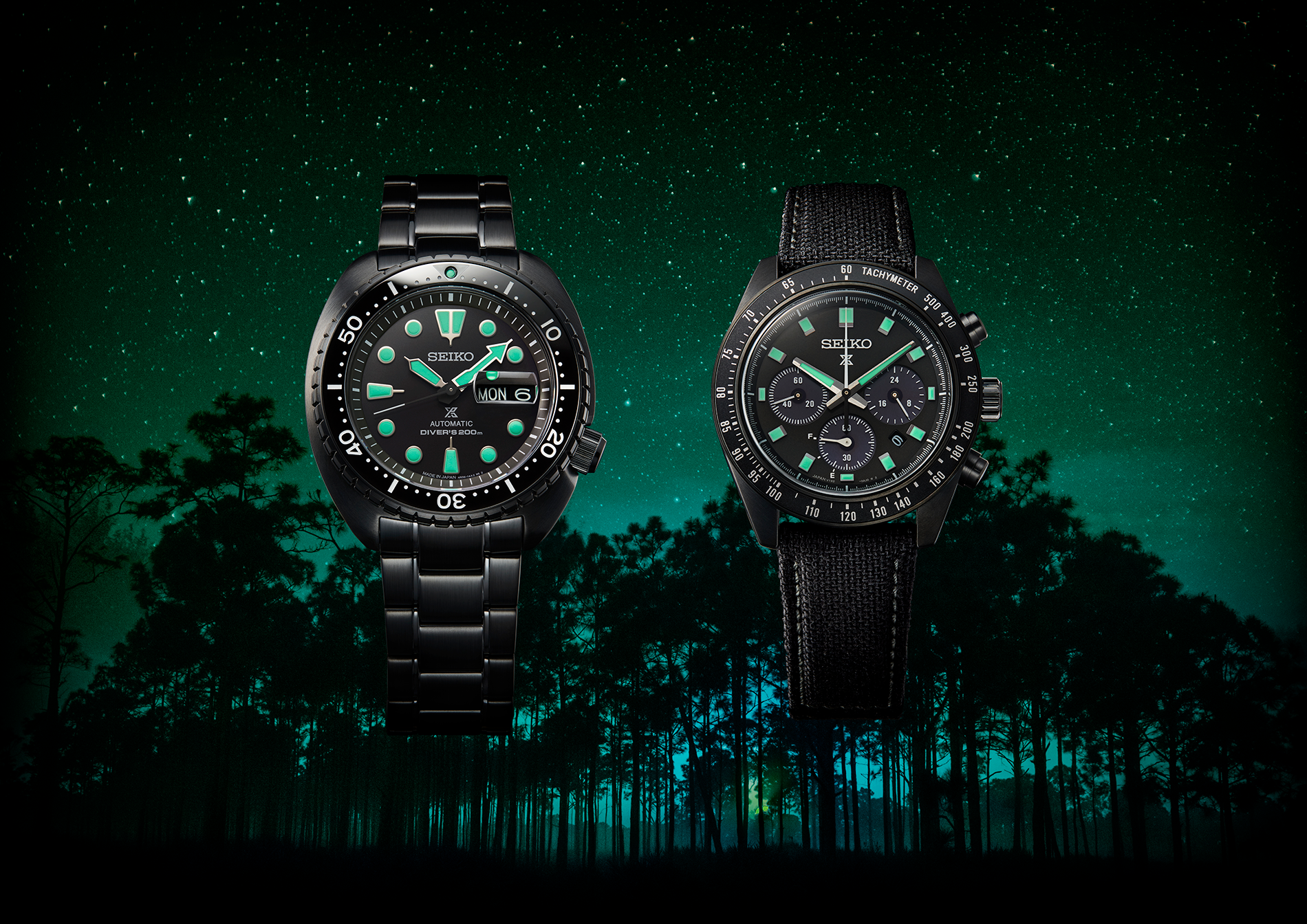 Relógios Prospex Black Series Night Vision, versão Turtle e versão Speedtimer.